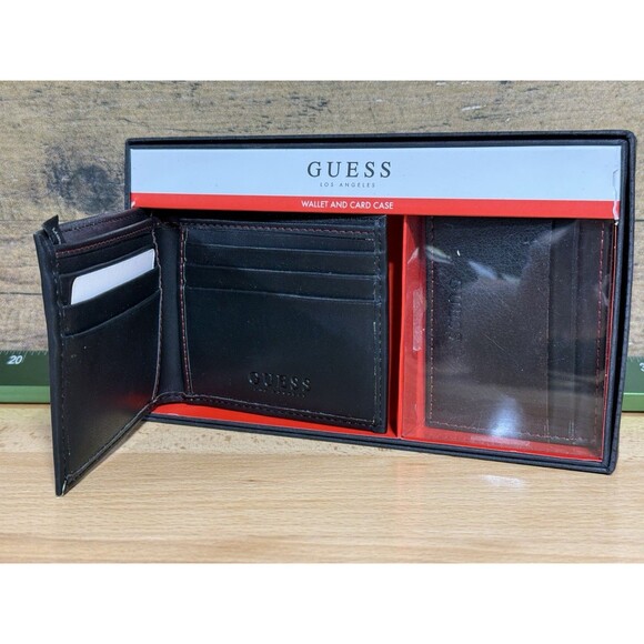 Rare- Guess Men’s Leather Wallet Bifold And Card Case Set Black NEW Gift Box - Picture 5 of 9